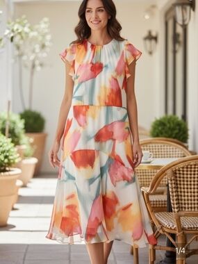 Maggy London Women's Sz 12 Cream Coral Midi Printed Asymmetric Hem Dress